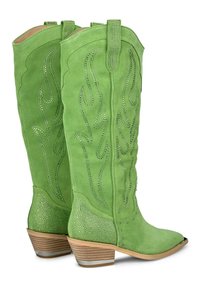 Zielone zamszowe kowbojki z wzorami w kształcie płomieni, ozdobione dżetami, z ostrym noskiem i trzymanym obcasem. Podwójne uchwyty na górze.