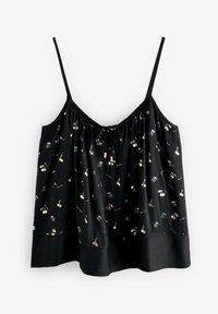 Camisole noire avec des bretelles fines réglables, présentant un col froncé et un motif de cerises dorées sur l'ensemble. Tissu lisse avec un ourlet uni.