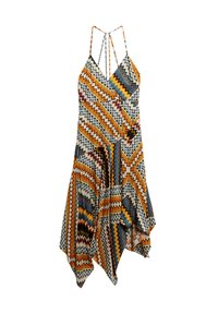 Vestido de verano multicolor con un patrón de zigzag, confeccionado en una tela ligera. Presenta un dobladillo que fluye de manera asimétrica y tirantes finos ajustables.