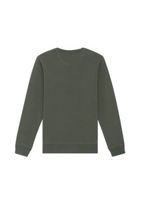 Olijfgroene sweatshirt met een ronde nek, lange mouwen en geribbelde manchetten. Gladde textuur met contrasterende steken langs de naden.
