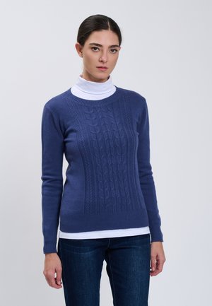 Mujer de pie de frente, lleva un jersey azul de punto grueso sobre un cuello alto blanco y vaqueros oscuros, fondo neutro.