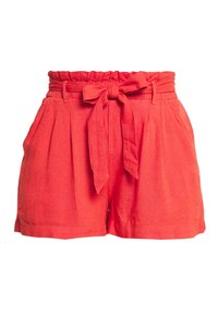 Rote Leinen-Shorts mit hohem, elastischem Bund, einer vorderen Schleifenverzierung und Seitentaschen. Glatte Textur und plissiertes Design.