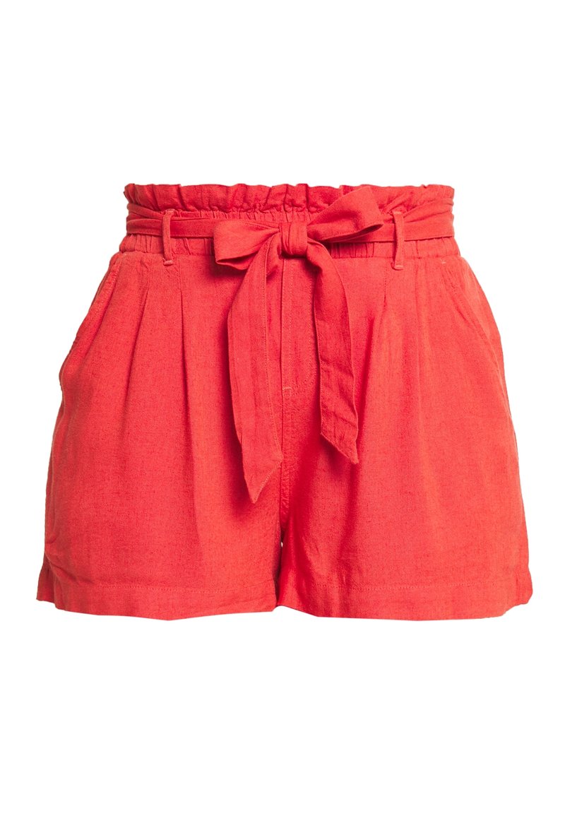 Rote Leinen-Shorts mit hohem, elastischem Bund, einer vorderen Schleifenverzierung und Seitentaschen. Glatte Textur und plissiertes Design.