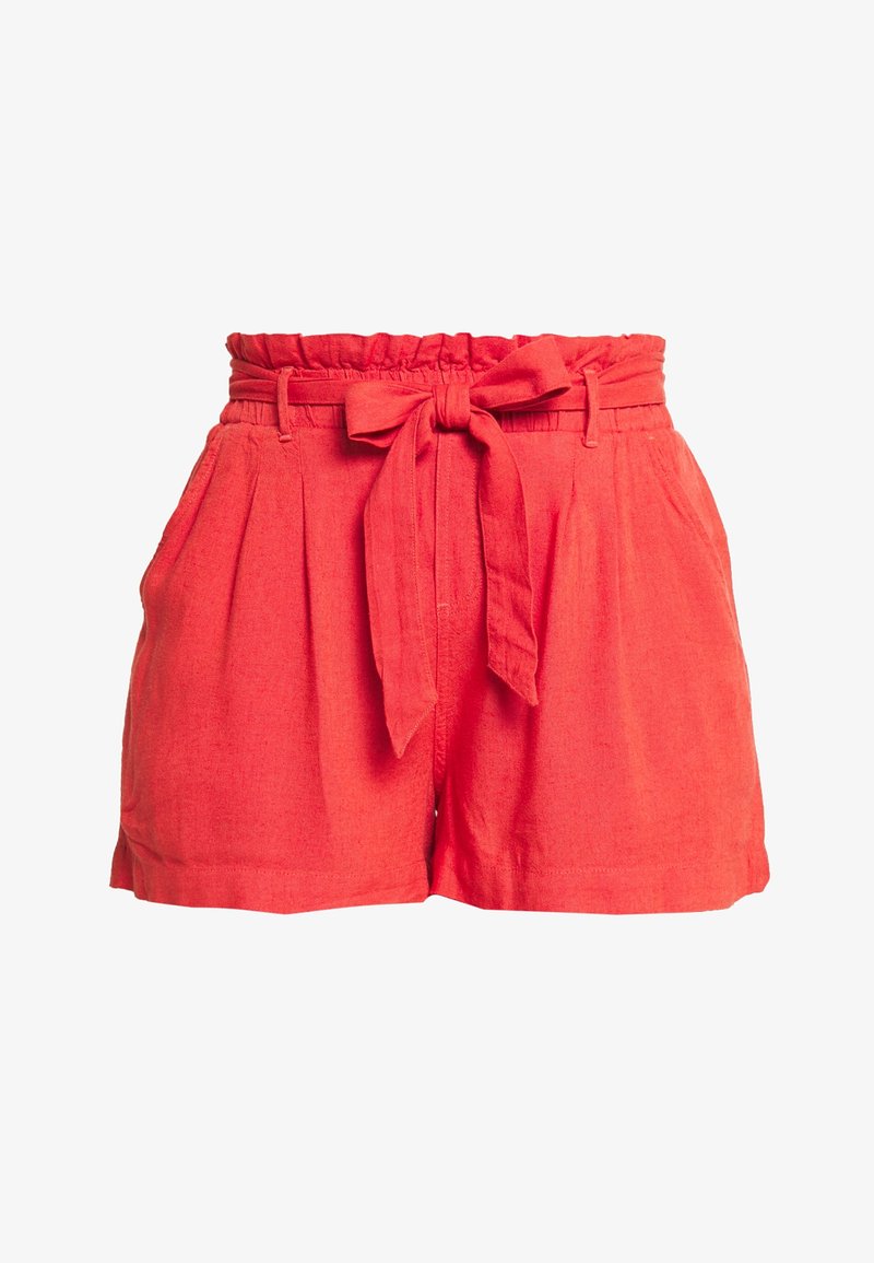 Rote Leinen-Shorts mit hohem, elastischem Bund, einer vorderen Schleifenverzierung und Seitentaschen. Glatte Textur und plissiertes Design.