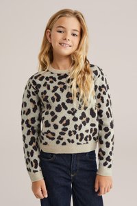 Pulover z leopardjim vzorom v svetlo zeleni barvi, z �črnimi in rjavimi pikami. Rebrasti manšeti in dno, mehak otip. V kombinaciji s temnimi kavbojkami.