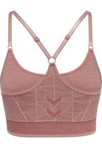 Mauve bralette med justerbara satinstrar, geometriska texturmönster och ett brett band nertill med en ribbad design.