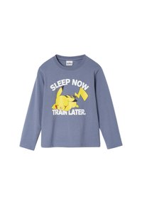 Blue long-sleeve shirt with sleeping Pikachu graphic and text "SLEEP NOW TRAIN LATER" on the front.