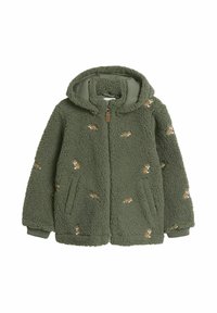 Fleecejacka i olivgrön med dragkedja framtill, huva och två sidofickor. Har broderade mönster av rävar överallt.