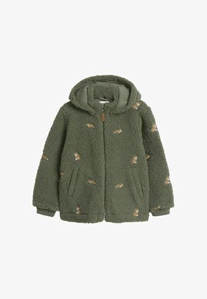 Fleecejakke i olivengrøn med lynlås foran, hætte og to sidelommer. Har broderede ræve mønstre overalt.