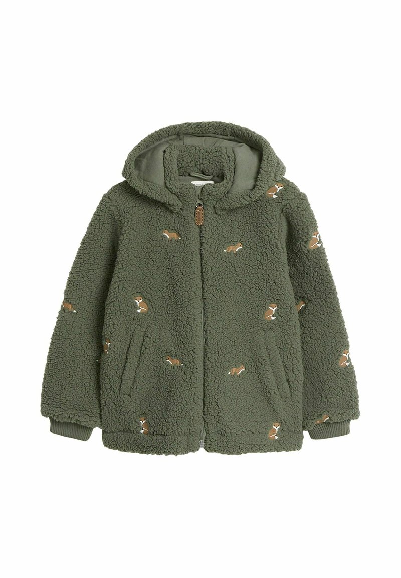 Fleecejacka i olivgrön med dragkedja framtill, huva och två sidofickor. Har broderade mönster av rävar överallt.