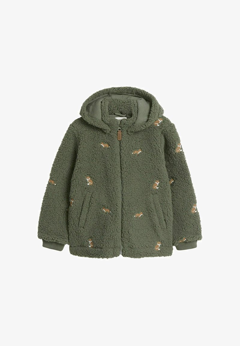 Fleece jack in olijfgroen met een ritssluiting aan de voorkant, capuchon en twee zijzakken. Bevat geborduurde vospatronen die over de hele jas zijn verspreid.