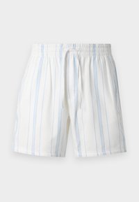 Hvide shorts med blå lodrette striber, lavet af tekstureret stof. Har en elastisk talje med snøre.