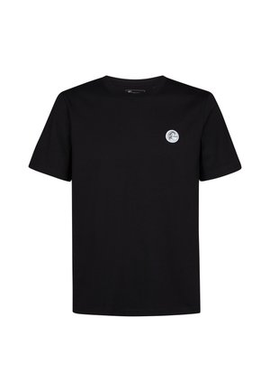 T-shirt in cotone nero con maniche corte e colletto tondo. Presenta un piccolo logo circolare nella zona sinistra del petto. Design semplice.