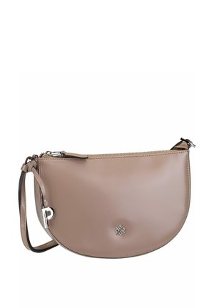 Brown leather handbag with a curved shape, zipper closure, and a detachable strap. Features a silver logo detail on the front.