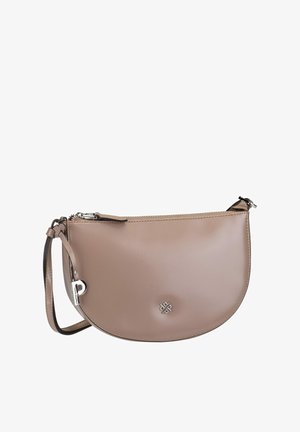 Brown leather handbag with a curved shape, zipper closure, and a detachable strap. Features a silver logo detail on the front.