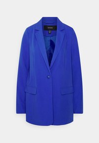 Blazer bleu en tissu lisse, avec une fermeture à un bouton, deux poches avant et un col à revers cranté.