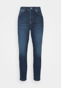 Jeans a vita alta di colore blu scuro in denim, con un classico design a cinque tasche, chiusura con zip e una leggera sfumatura sulle cosce per un aspetto vissuto.