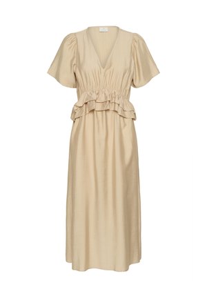 Beige midi-jurk met V-hals, korte pofmouwen, elastische taille en dubbele laag ruches rondom het middenstuk.