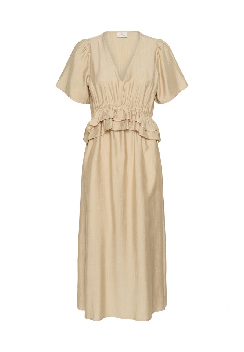 Robe midi beige avec col en V, manches courtes bouffantes, taille élastiquée et détail à volants double couche autour de la taille.