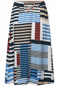 Midi-hame, jossa on sinisten, punaisten, ruskeiden ja mustien vaakasuorien ja pystysuorien raitojen yhdistelmä. Valmistettu sileästä kankaasta, ja siinä on joustava vyötärö.