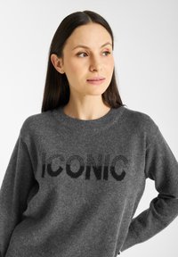 Grijze trui van zachte stof met het woord "ICONIC" in contrasterende zwarte tekst en een textuurontwerp. Ronde halslijn en relaxed fit.