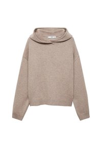 Beige svetr s širokou kapucí, překrývajícími rameny a žebrovaným lemem. Měkká pletená textura s uvolněným střihem.