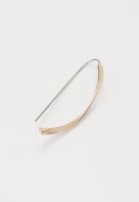 Gold-tone metal earring with a curved design and a straight silver-tone wire. Smooth texture with a polished finish.