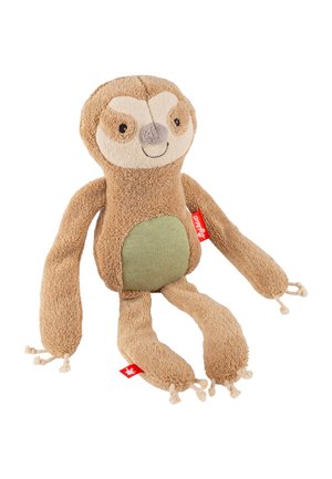 Soft brown sloth plush toy with long limbs, green belly, smiling embroidered face, and red fabric tags on arm and leg.