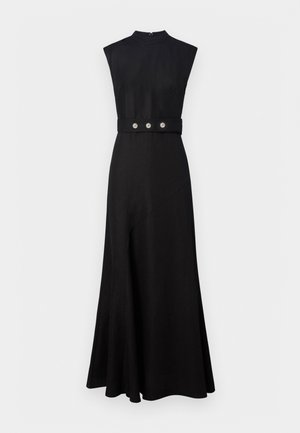 Black sleeveless dress with a high neck, featuring a fitted waist and wide flared skirt. Three-button detail at the waist adds accent.