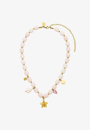 Perlenkette mit glänzenden pinken Perlen, goldenen Akzenten und dekorativen Anhängern wie einer Blume, einem Herzen und einem Stern. Goldkette zur Anpassung.