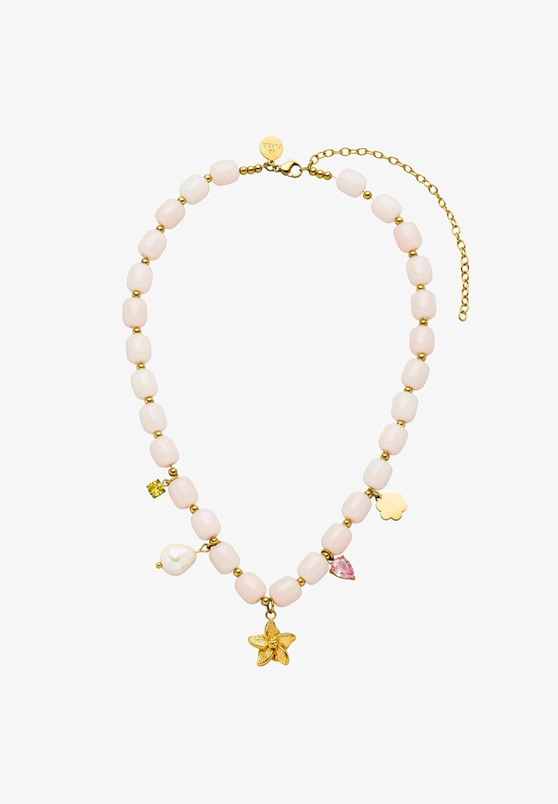 Perlenkette mit glänzenden pinken Perlen, goldenen Akzenten und dekorativen Anhängern wie einer Blume, einem Herzen und einem Stern. Goldkette zur Anpassung.