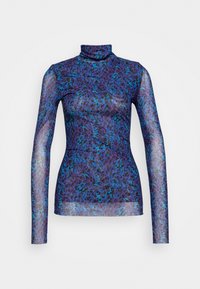 Himmele pitkähihaine paita, jossa on korkeakauluksellinen muotoilu, ja joka esittelee violetti-sinistä abstraktia leopardi kuviointia sekä sileää, kevyttä kangasta.