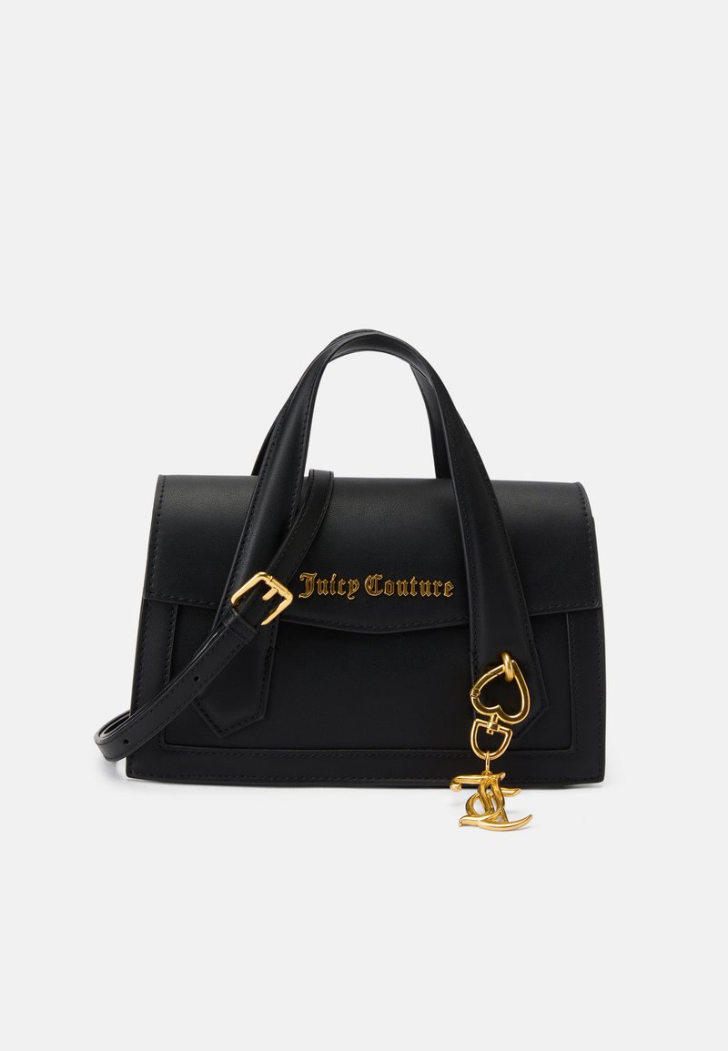 Sort læder håndtaske med guld "Juicy Couture" logo, top håndtag, aftagelig skulderrem og hjerteformet hardware detalje.