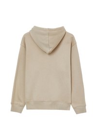 Felpa con cappuccio beige e maniche lunghe, con polsini e vita a coste, mostrata da dietro su uno sfondo bianco.