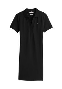 Schwarzes Polo-Kleid aus Baumwolle, mit Kragen, kurzen Ärmeln und einem V-Ausschnitt. Enthält ein kleines Logo auf der Brust.