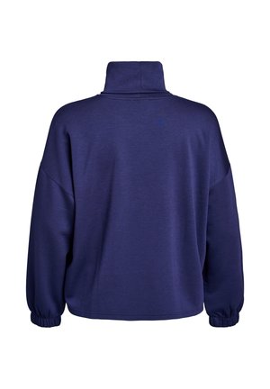 Mørkeblå langærmet sweatshirt med høj krave og elastiske manchetter, vist fra ryggen på en ensfarvet hvid baggrund.