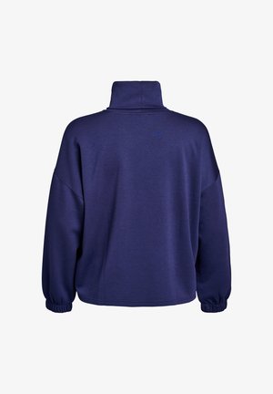 Navy blue long-sleeve sweatshirt with high collar and elastic cuffs, shown from the back on a plain white background.
