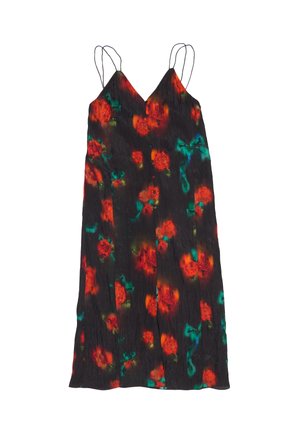 Vestito nero senza maniche con sottili spalline, chiusura frontale con bottoni e motivo floreale rosso con accenti verdi e blu.