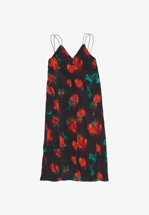 Vestito nero senza maniche con sottili spalline, chiusura frontale con bottoni e motivo floreale rosso con accenti verdi e blu.