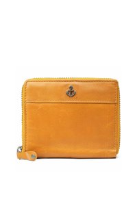 Cartera de cuero amarillo con acabado texturizado, presenta un emblema de ancla en tono plateado y un cierre con cremallera a lo largo del borde.