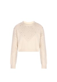 Cremfarbener, verkürzter Pullover mit einem strukturierten, offenen Strickmuster und kleinen Verzierungen auf der Vorderseite. Gerippte Bündchen und Saum.