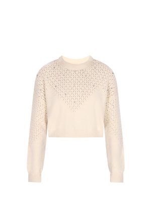 Crèmekleurige cropped trui met een textuur, open breipatroon en kleine versieringen aan de voorkant. Geribbelde manchetten en zoom.