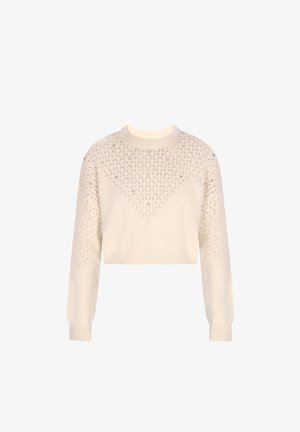 Kreminkrāsas pusgarais džemperis ar teksturētu, atvērtu adījumu un nelielām rotājumiem priekšā. Ribas aproces un apakšdaļa.