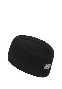 Black moisture-wicking headband with a textured design, featuring a reflective logo accent on the side. Stretchable, smooth fabric.