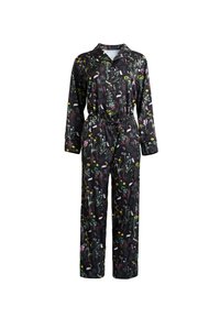 Black jumpsuit featuring a floral pattern in various colors. Designed with a collar, long sleeves, a tie waist, and relaxed fit trousers.