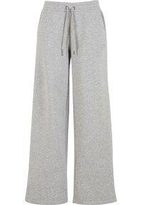 Pantaloni della tuta grigi a gamba larga realizzati in tessuto morbido. Presentano un elastico in vita con cordoncino e non hanno motivi o accentuazioni visibili. Texture liscia.