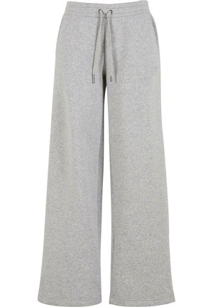 Gray, wide-leg sweatpants made of soft fabric. Features a drawstring waistband and no visible patterns or accents. Smooth texture.