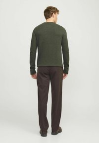 Suéter verde oliva con un diseño de punto simple. Puños y dobladillo acanalados. Combinado con pantalones marrones y zapatos oscuros, visto desde la parte de atrás.