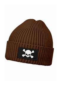 Brown knitted beanie with a ribbed texture and a folded cuff. Features a rectangular black patch with a white skull and crossbones design.