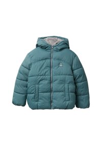 Turkusowa puchówka z kapturem, z zapięciem na zamek błyskawiczny z przodu, dwoma bocznymi kieszeniami, miękkim szarym wnętrzem oraz pikowanym wzorem z wypukłymi szwami.